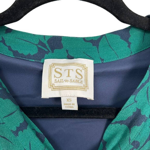 Sail to Sable Leaf Print Neck Tie Shift Dress Womens XS Green Blue - Picture 3 of 7